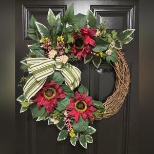 Wreath Making Kit Burgundy Sunflowers Mums and Berry Stems Linen Striped Ribbon